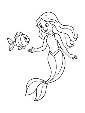 A mermaid smiles at a friendly fish swimming beside her open hand.