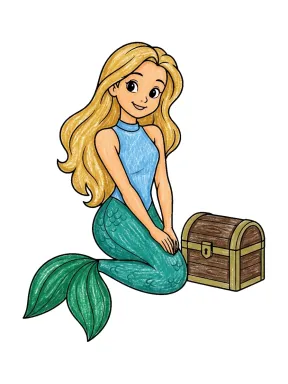Mermaid by Treasure Chest Coloring Page colored with AI in crayon style