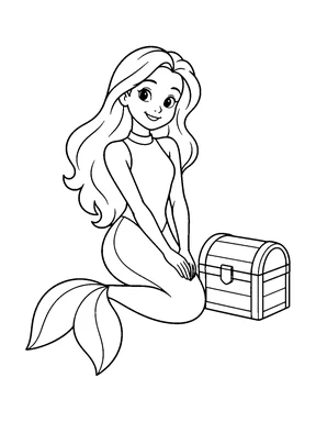 A mermaid rests beside a small closed treasure chest.