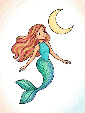 Mermaid Under the Moon Coloring Page colored with AI in crayon style