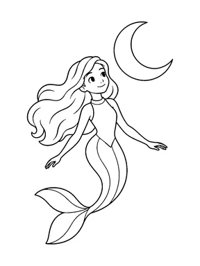 A mermaid floats beneath a large crescent moon with her full tail visible.