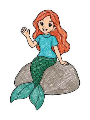Waving Mermaid on a Rock Coloring Page colored with AI in crayon style