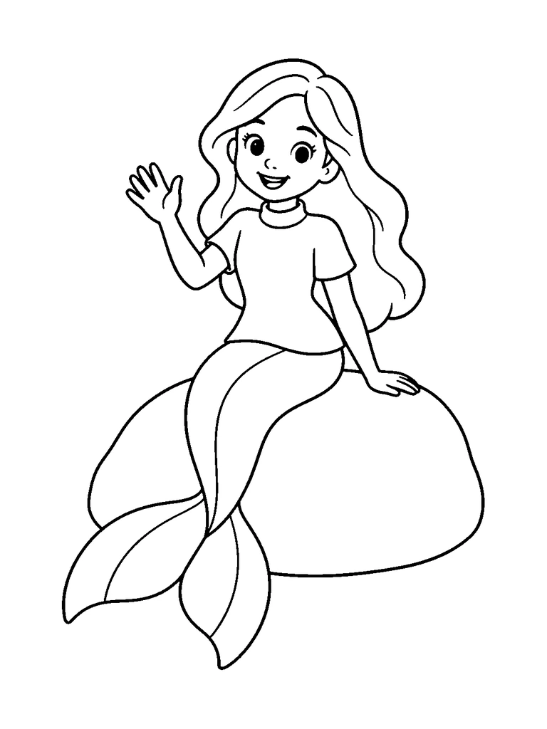 A friendly mermaid in a plain tunic waves while sitting on a smooth rounded rock.