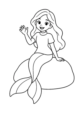 A friendly mermaid in a plain tunic waves while sitting on a smooth rounded rock.