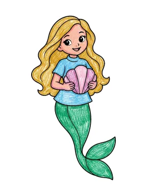Mermaid Holding a Seashell Coloring Page colored with AI in crayon style