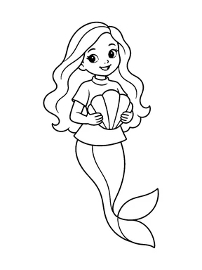 A friendly mermaid in a plain tunic holds one large clam shell with both hands.