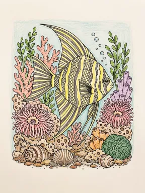 Angelfish in Coral Reef Coloring Page colored with AI in crayon style