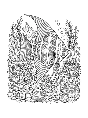 A large angelfish swims among branching coral, sea plants, anemones and shells.
