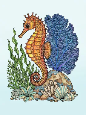 Seahorse and Sea Fan Coloring Page colored with AI in crayon style