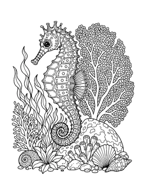 A seahorse curls its tail beside a broad sea fan, seaweed, coral and shells.