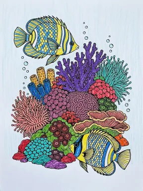 Tropical Fish Around Coral Coloring Page colored with AI in crayon style