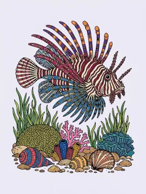 Lionfish Over the Seabed Coloring Page colored with AI in crayon style