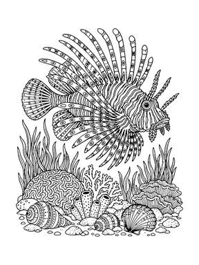 A lionfish spreads its striped fins above coral, sea grass and shells on the seabed.