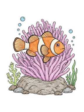 Clownfish in Sea Anemone Coloring Page colored with AI in crayon style