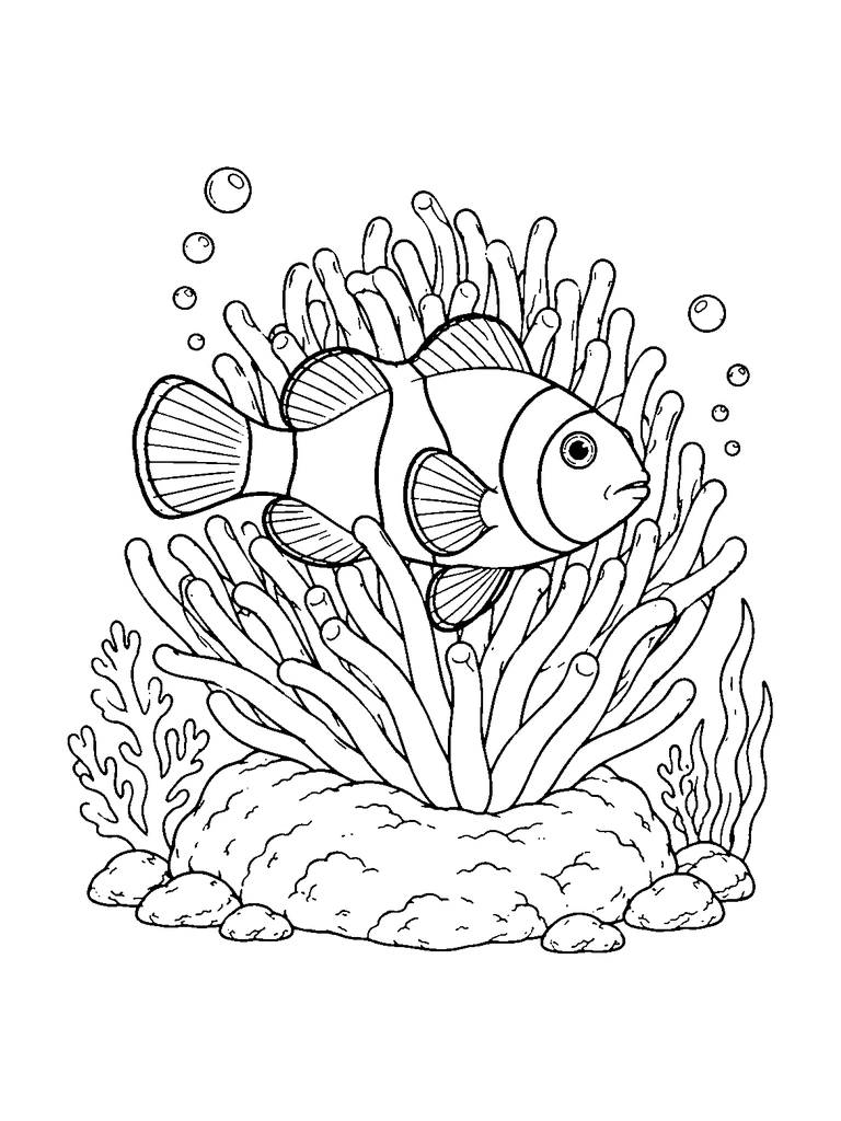 A clownfish swims in front of a large sea anemone growing from a rounded rock.