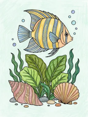 Tropical Fish and Sea Plants Coloring Page colored with AI in crayon style