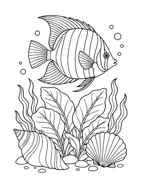 A striped tropical fish swims above broad sea plants and large shells.