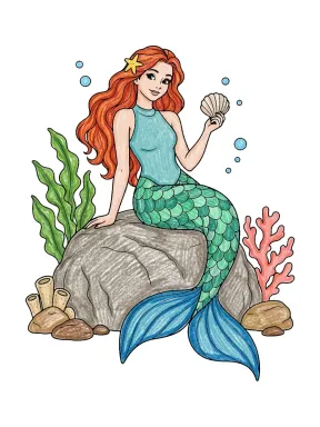 Mermaid Holding Seashell Coloring Page colored with AI in crayon style