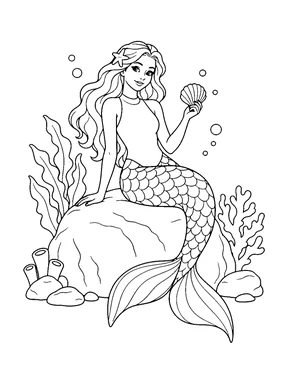 An original mermaid in a high-neck top sits on an underwater rock and holds a seashell among sea plants.