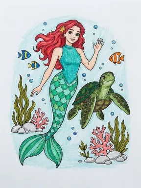 Mermaid Swimming with Sea Turtle Coloring Page, colored example
