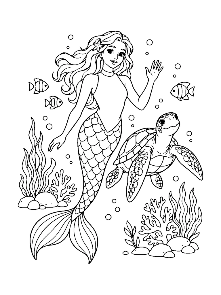 An original mermaid in a high-neck top swims beside a sea turtle above small reef plants.