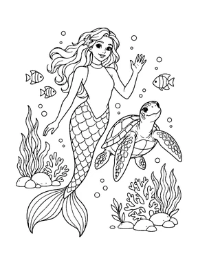 An original mermaid in a high-neck top swims beside a sea turtle above small reef plants.