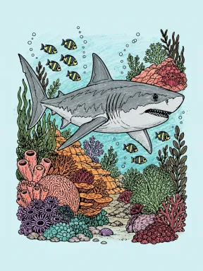 Great White Shark Over Reef Coloring Page colored with AI in crayon style