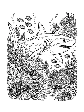 A great white shark swims above a crowded coral reef with small fish and sea plants.
