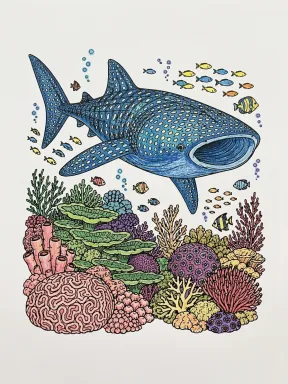 Whale Shark Above Coral Reef Coloring Page colored with AI in crayon style