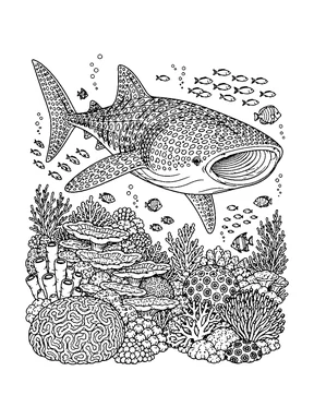 A spotted whale shark swims above a coral reef with small fish and sea fans.