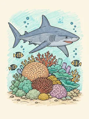Reef Shark and Coral Coloring Page colored with AI in crayon style