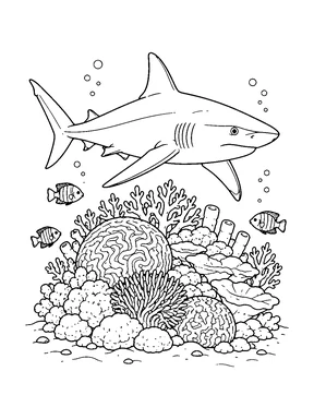 A reef shark glides above a compact coral mound with small fish and bubbles.