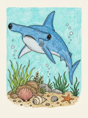 Hammerhead Shark Over Seabed Coloring Page colored with AI in crayon style