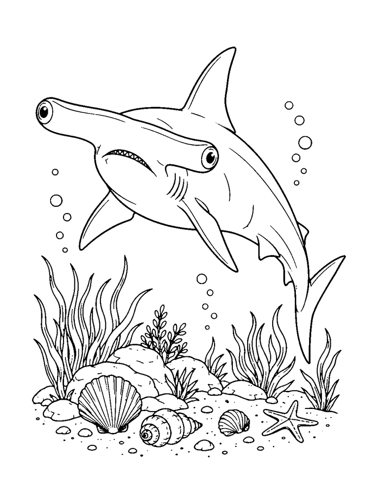A hammerhead shark turns above shells, sea grass and a small sandy seabed.