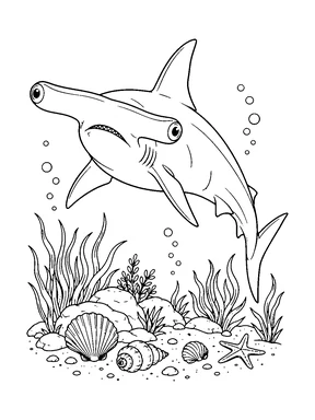 A hammerhead shark turns above shells, sea grass and a small sandy seabed.