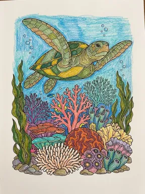 Sea Turtle Above Coral Reef Coloring Page colored with AI in crayon style