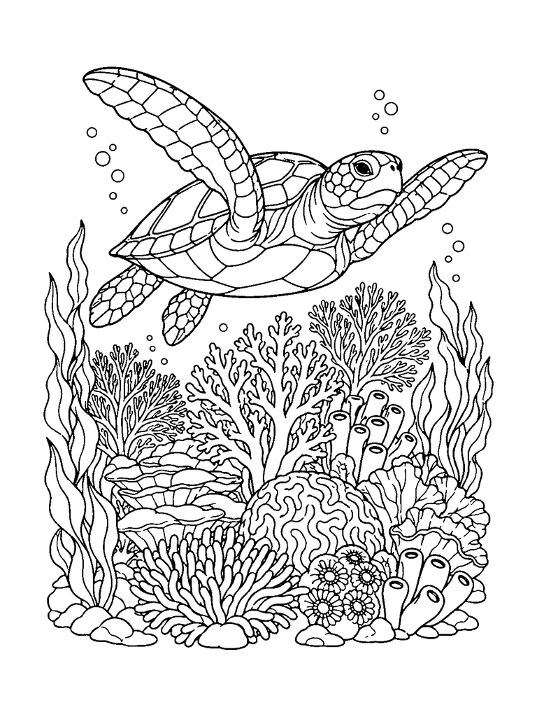 A sea turtle swims above a dense coral reef with sea fans, seaweed and small fish.