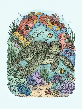 Sea Turtle and Reef Arch Coloring Page colored with AI in crayon style