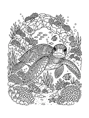A sea turtle faces forward in front of a rounded coral-covered reef arch with small fish.