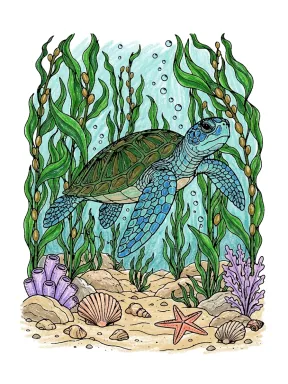 Sea Turtle in Kelp Forest Coloring Page, colored example