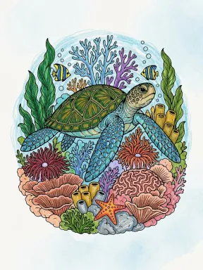 Sea Turtle in Coral Garden Coloring Page colored with AI in crayon style