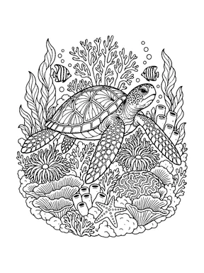 A sea turtle glides through a rounded garden of coral, sea plants and small fish.