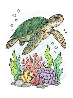 Sea Turtle Above Coral Cluster Coloring Page colored with AI in crayon style