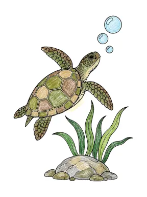 Sea Turtle Reaching for Bubbles Coloring Page colored with AI in crayon style