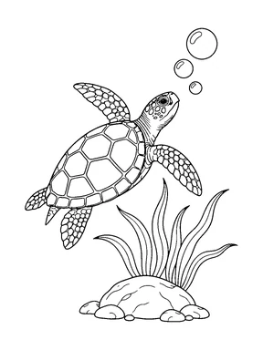 A sea turtle swims upward toward bubbles above sea grass growing from a rounded rock.