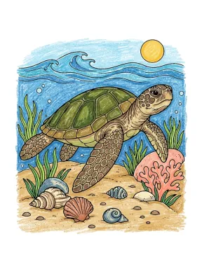 Sea Turtle Over Sandy Seabed Coloring Page colored with AI in crayon style