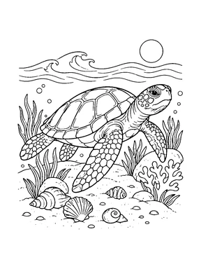 A sea turtle moves over a sandy seabed with shells, sea grass and a small coral branch.