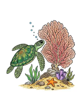 Sea Turtle Beside Sea Fan Coloring Page colored with AI in crayon style
