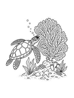 A sea turtle swims beside a large sea fan rooted in a small mound of coral and sea plants.