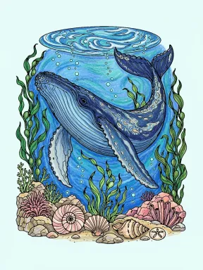 Humpback Whale Beneath Ocean Swell Coloring Page colored with AI in crayon style